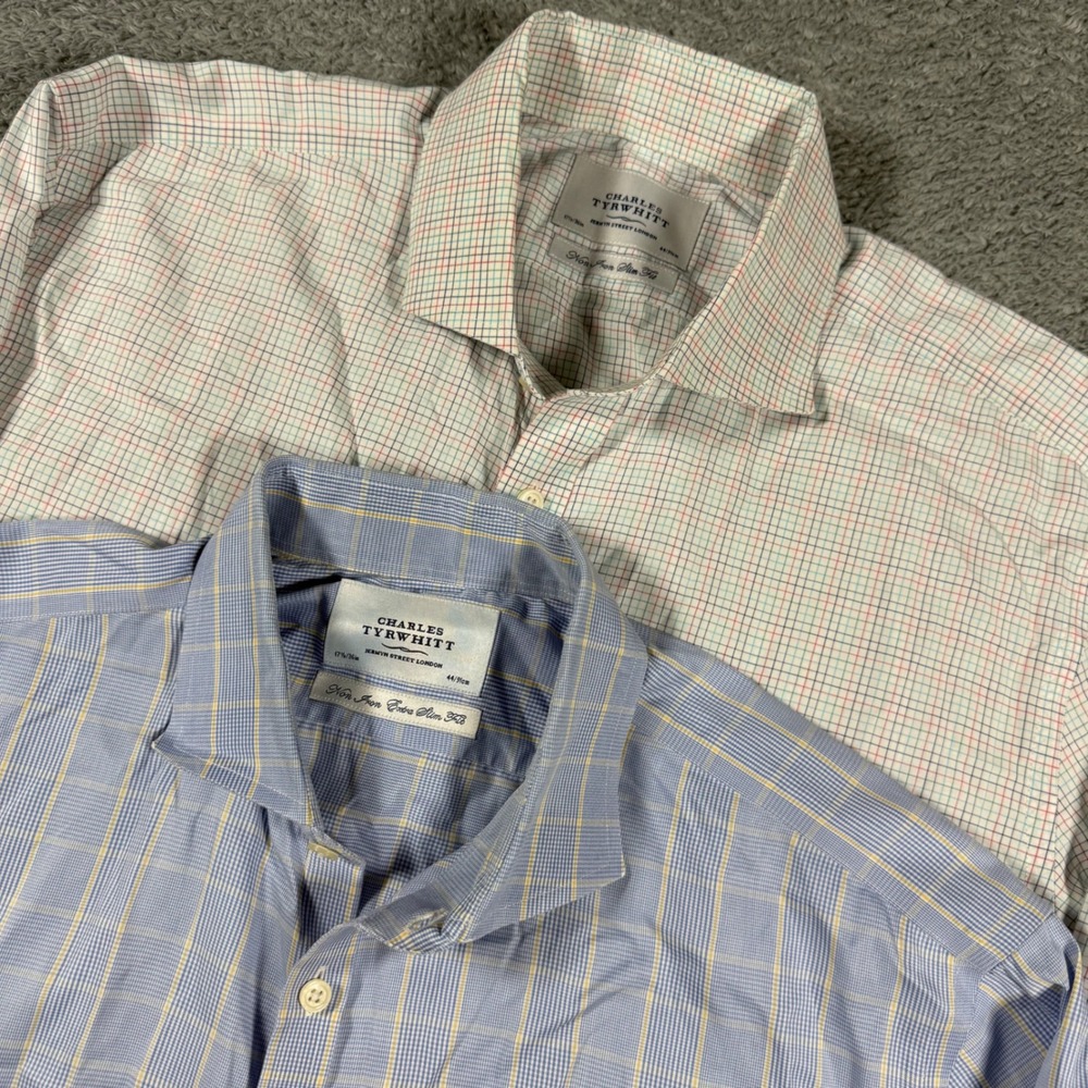 Lot of 2 Charles Tyrwhitt Dress Shirts Men 17.5 36 Blue White Non Iron Slim Fit